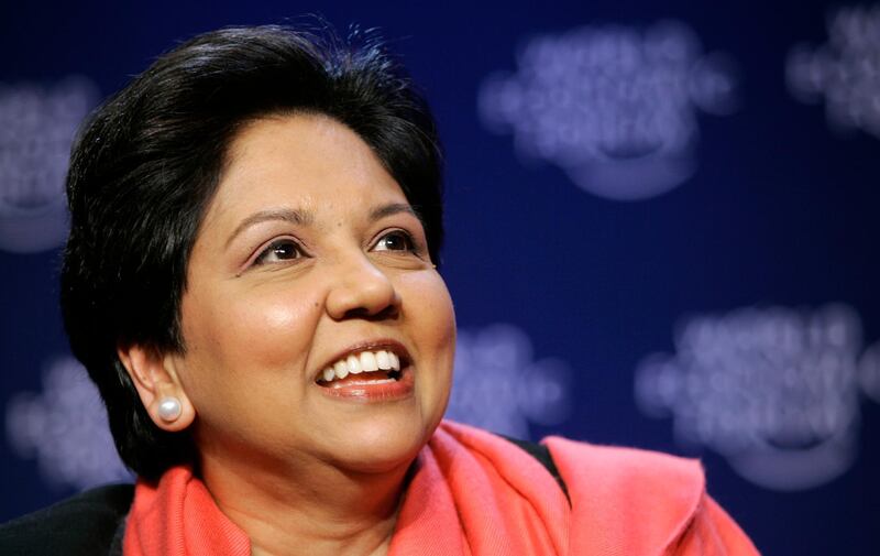 FILE- In this Jan. 27, 2008, file photo, Chairman and CEO of PepsiCo, USA, Indra Nooyi smiles during the closing session at the World Economic Forum in Davos, Switzerland. With Nooyi exiting PepsiCo as its longtime chief executive, the circle of CEOs in the S&P 500 is losing one of its highest profile women. Nooyi has been with PepsiCo Inc. for 24 years and held the top job for 12. (AP Photo/Peter Dejong, File)