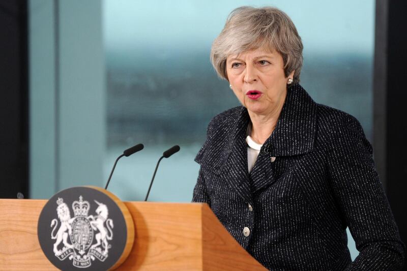 Theresa May, U.K. prime minister, speaks in Belfast, Northern Ireland, on Tuesday, Feb. 5, 2019. May started a two-day visit to Northern Ireland on Tuesday to try to bolster support for her divorce deal with the European Union, as she faces fresh pressure to scrap the so-called backstop plan for the Irish border. Photographer: Aidan Crawley/Pool via Bloomberg
