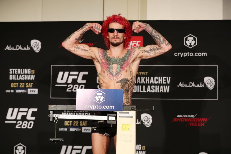Sean O'Malley weighed in at 135.5lbs at the official weigh-in for his bantamweight contest against Petr Jan at UFC 280. Chris Whiteoak / The National