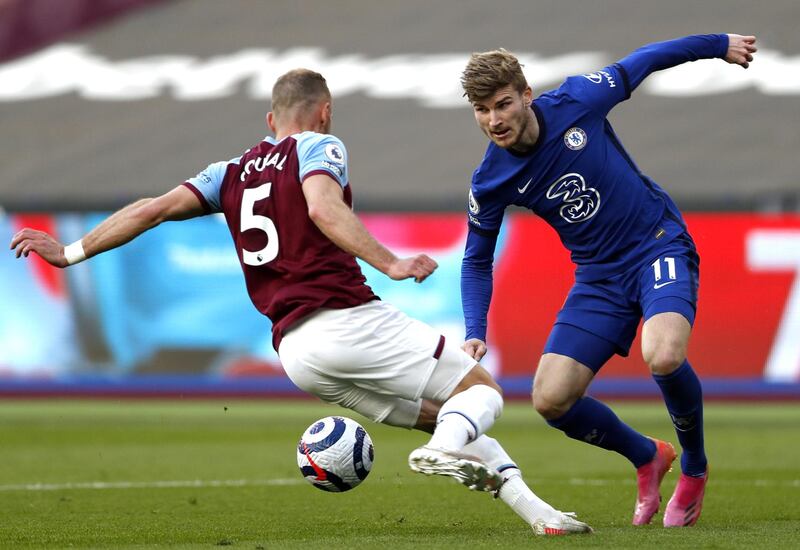Chelsea's Timo Werner against West Ham's Vladimir Coufal. EPA