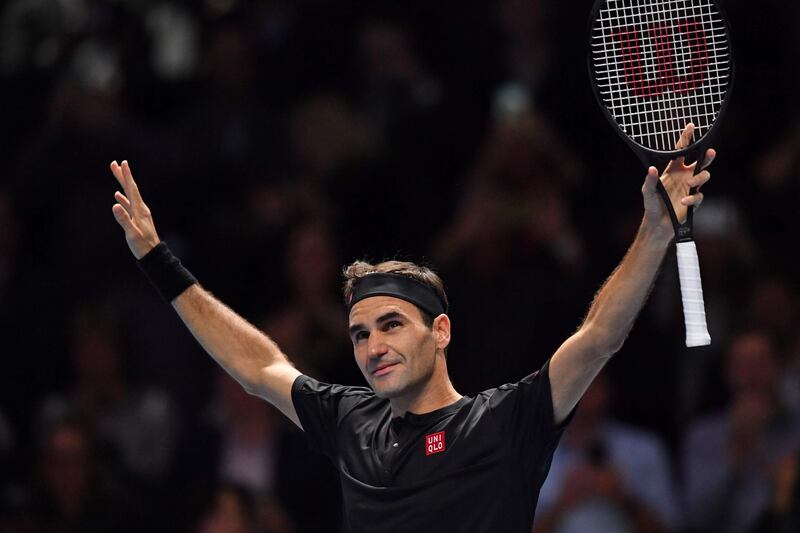 Switzerland's Roger Federer celebrates his straight sets win over Serbia's Novak Djokovic in their men's singles round-robin match. The result means Federer plays Tsitsipas in the semi-finals on Saturday. AFP