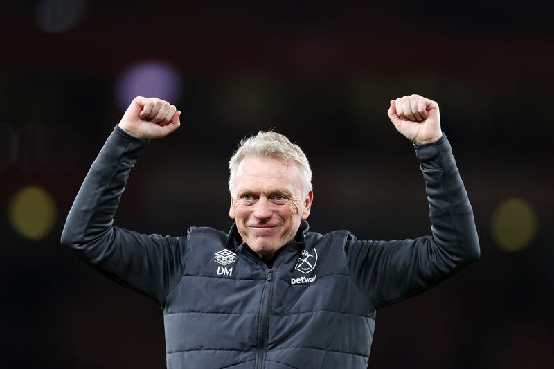 David Moyes, Manager of West Ham United, celebrates in front of the fans after defeating Arsenal. Getty Images