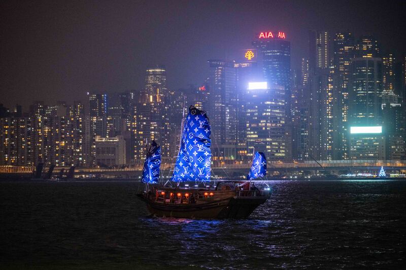The show took place near Victoria Harbour in Hong Kong, with boat sails displaying the LV logo. Getty Images