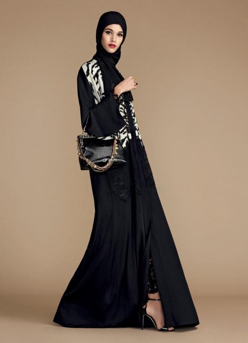 Covetable designs for Eid include classic black abayas and verdant print kaftans and jalabiyas, with complementing sandals and pumps in jewel tones of citrine and sapphire. Courtesy Dolce & Gabbana