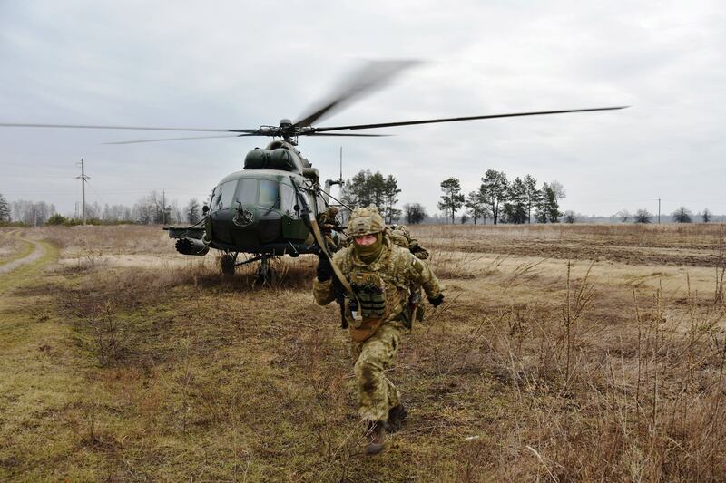 Ukrainian soldiers take part in tactical drills at a training ground in Ukraine as the country prepares for a possible Russian invasion. Press Service of the Ukrainian Air Assault Forces via Reuters