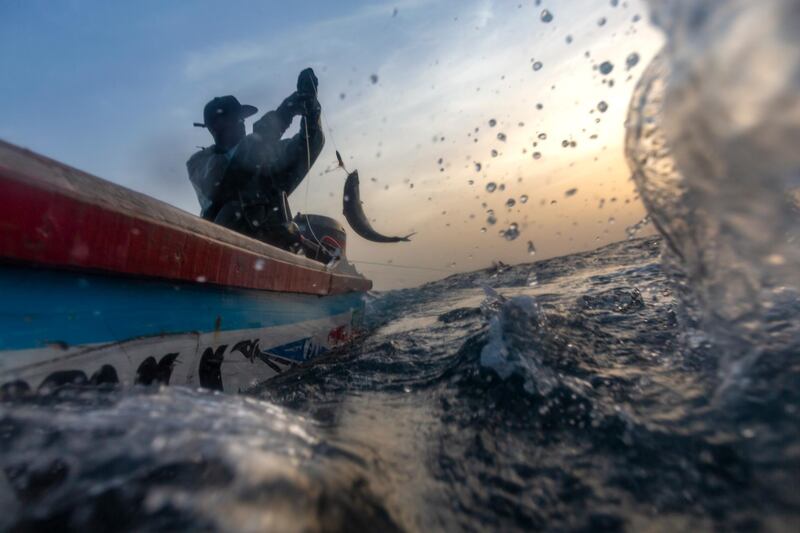 epa07398518 Senegalese fisherman Modu Samba catches a fish in the Atlantic Ocean off the 400 year old fishing village of Ngor, Dakar, Senegal, 26 February 2019. Heavy industrial and large scale fishing practices by international companies has exponentially increased pressure on traditional fishing communities. Highlighted as one of the main causes for the lack of fish for the artisanal fishermen of West Africa is the deals that have been struck over the last 60 years between the governments of West African nations and the countries owning large fishing fleets from Europe and Asia. These deals have benefitted the West African governments financially but not the people they govern. The foreign countries enjoying the fertile fishing grounds off West Africa have been accused of exploiting the resources and ultimately depleting the fishing stocks once the livelihood of the artisanal fisherman. As fish populations decline, stocks move offshore, making them inaccessible to small-scale, artisanal fishermen who do not have vessels or resources to access deep offshore stocks. Each year Modu and the other fishermen of Senegal have to head further and further out to sea using more and more fuel and becoming increasingly more dangerous in their search for fish.  EPA/NIC BOTHMA  ATTENTION: This Image is part of a PHOTO SET