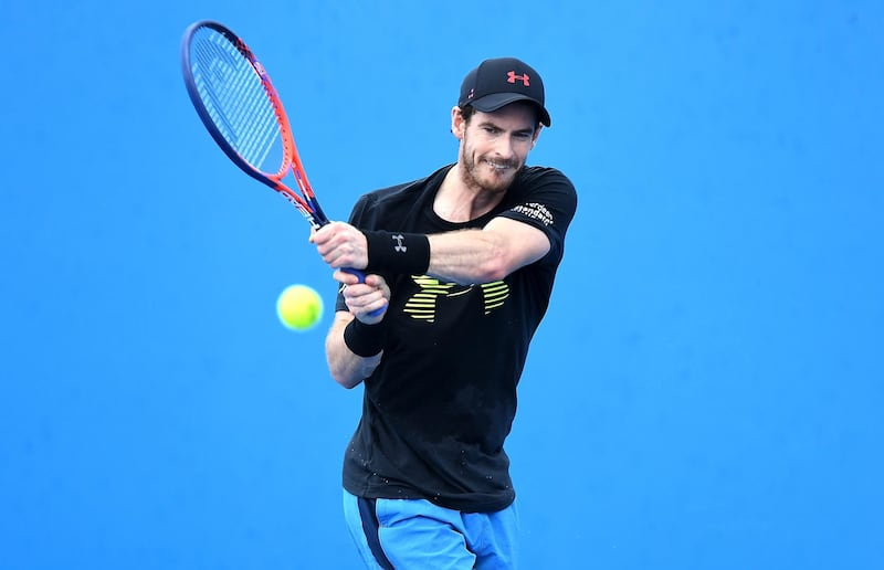 BRISBANE, AUSTRALIA - DECEMBER 31:  Andy Murray of Great Britain plays a backhand in a warm-up session during day one at the 2018 Brisbane International at Pat Rafter Arena on December 31, 2017 in Brisbane, Australia.  (Photo by Bradley Kanaris/Getty Images)