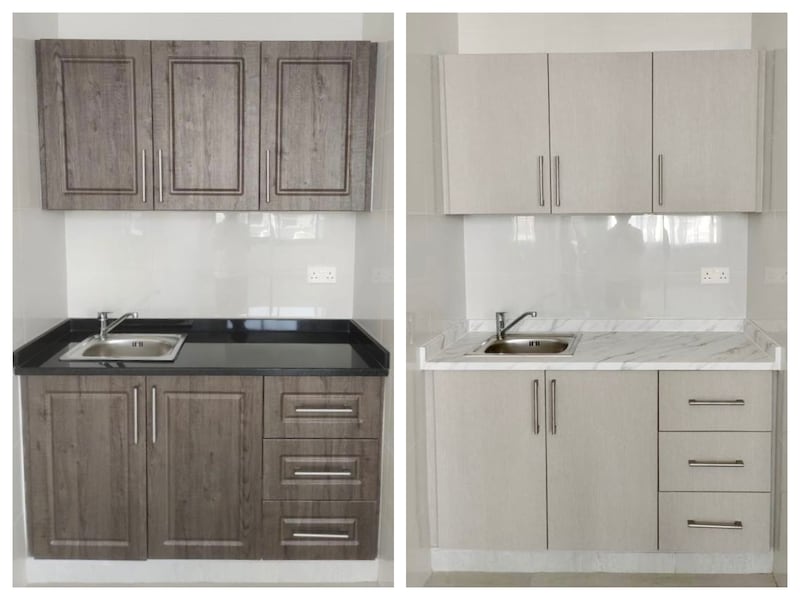 Lohan and Instone chose to vinyl-wrap the kitchen to make it more light and airy rather than ripping out the cabinets entirely.