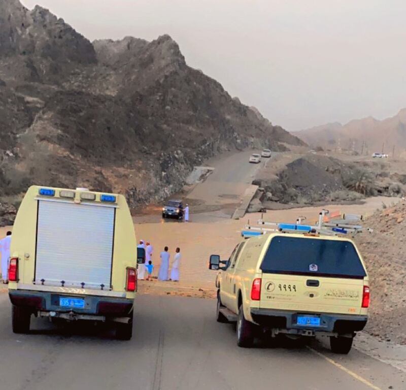 Three Emiratis died after their car was swept away in a flooded wadi in Oman. Photo: Oman Civil Defence and Ambulance Authority