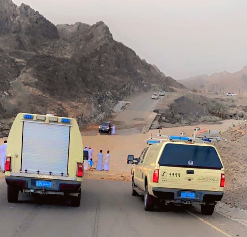 Three Emiratis died after their car was swept away in a flooded wadi in Oman. Photo: Oman Civil Defence and Ambulance Authority