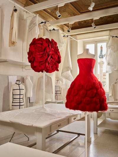 Valentino gowns being made in the Rome atelier, in the signature red of the house. Photo Valentino