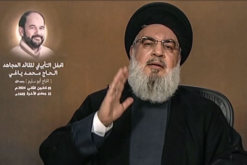 Hezbollah leader Hassan Nasrallah gives a televised speech on Friday. AFP