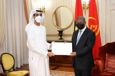 A congratulatory letter from President Sheikh Mohamed was delivered by Sheikh Shakbout bin Nahyan, Minister of State, to Angola's President Joao Lourenco on his re-election. Photo: Wam