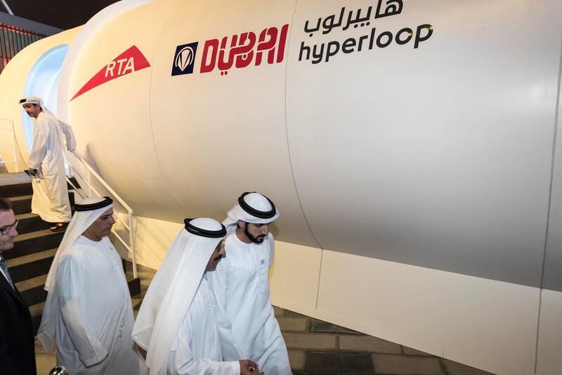 DUBAI, UNITED ARAB EMIRATES. 22 FEBRUARY 2018. RTA Hyperloop mock up at Al Wasl Square. Inaugurated by Sheikh Hamdan bin Mohammed bin Rashid Al Maktoum the Crown Prince of Dubai. Hyperloop Mock up and Autonomous Pods as part of the Dubai Diverless Strategy. (Photo: Antonie Robertson/The National) Journalist: None. Section: National.