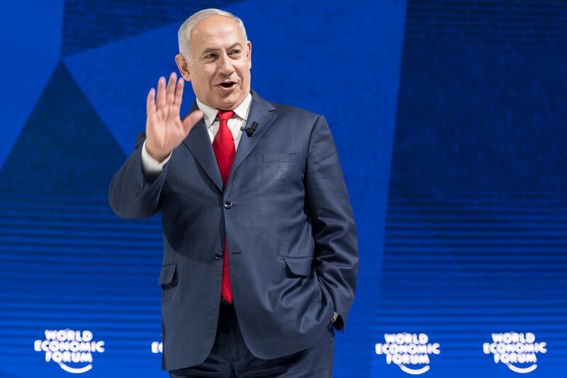 Benjamin Netanyahu, Prime Minister of Israel, arrives at a plenary session during the annual meeting of the World Economic Forum, WEF, in Davos, Switzerland, Thursday, Jan. 25, 2018.  (Laurent Gillieron/Keystone via AP)