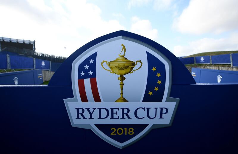 (FILES) In this file photo taken on September 19, 2018 the Ryder Cup logo is seen at the Golf National in Guyancourt, near Paris where the biennial men's golf competition, the Ryder Cup will take place in September with Thomas Bjørn set to lead Europe against Jim Furyk's United States.  The 2020 Ryder Cup will be postponed for a year because of the coronavirus pandemic, organisers said on July 8, 2020.  / AFP / FRANCK FIFE

