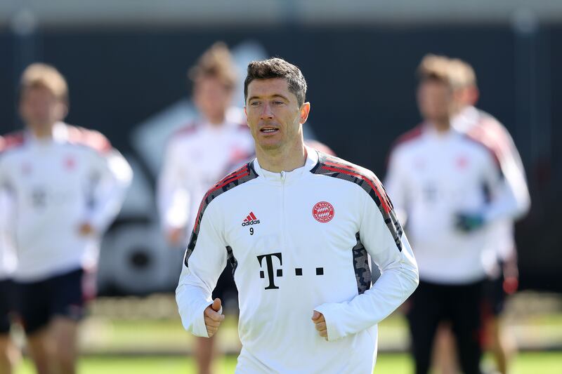 Bayern Munich's Robert Lewandowski during a training session at Saebener Strasse training ground on Monday, April 11, 2022, ahead of the Champions League quarter-final second leg against Villarreal. Getty