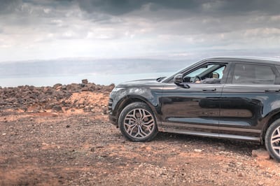 The rocky terrain is in stark contrast to the Dead Sea in the distance. Courtesy Jaguar Land Rover