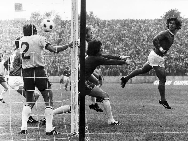 Gerd Muller scores a goal against Australia during the 1974 World Cup.