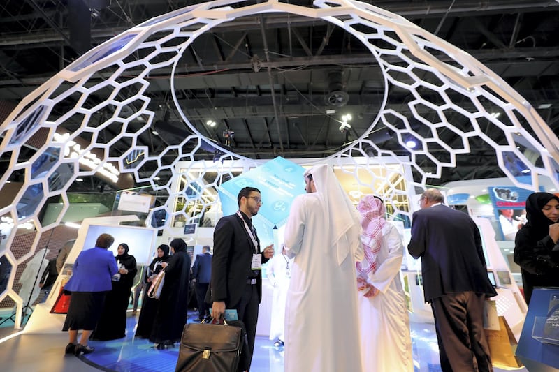 Dubai, United Arab Emirates - Reporter: Dan Sanderson: People gather at the SEHA stand for the Arab Health conference. Monday, January 27th, 2020. World trade centre, Dubai. Chris Whiteoak / The National