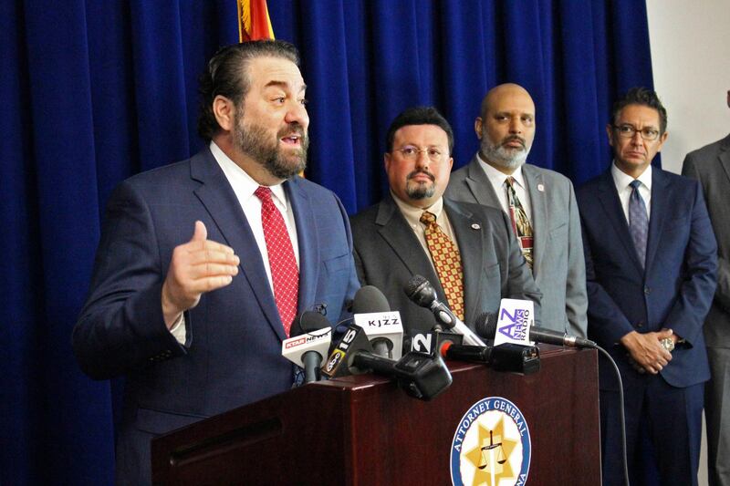 FILE - In this Jan.7, 2020 file photo Arizona Attorney General Mark Brnovich speaks at a news conference in Phoenix. Brnovich is running for the U.S. Senate. Brnovich's announcement on Thursday, June 10, 2021, makes him the third major candidate to seek the Republican nomination to take on Democrat Mark Kelly. (AP Photo/Bob Christie,File)