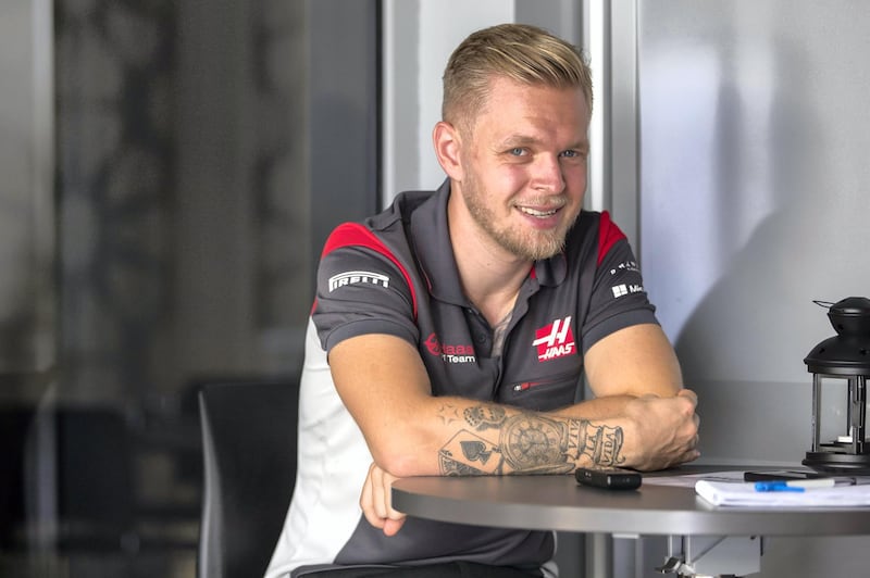 Abu Dhabi, United Arab Emirates, November 23, 2017:    Kevin Magnussen of Denmark and Haas speaks during an interview in the paddock during previews for the Abu Dhabi Formula One Grand Prix at Yas Marina Circuit in Abu Dhabi on November 23, 2017. Christopher Pike / The National

Reporter: John McAuley, Graham Caygill
Section: Sport