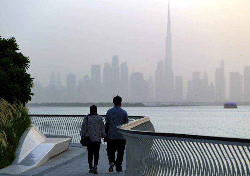 Visitors to Dubai Creek Harbour enjoy the sunset on the longest day of the year in Dubai on June 21st, 2021. Chris Whiteoak / The National. 
Reporter: N/A for News