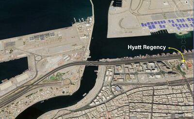 The mouth of Dubai Creek in 2023. The site of the dhow accident is estimated to be where the Hyatt Regency is today, following developments along the coast in the years since the incident that involved land reclamation. Photo: Google Earth