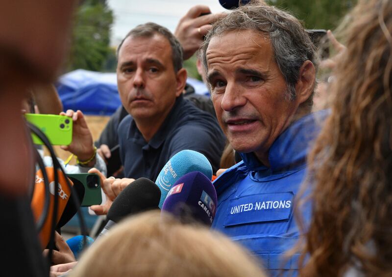 IAEA Director General Rafael Grossi speaks to reporters as the agency prepares to visit the Zaporizhzhia nuclear power plant. AP