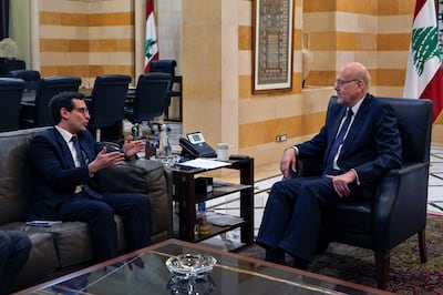 French Foreign Minister Stephane Sejourne, left, meets with Lebanese caretaker Prime Minister Najib Mikati in Beirut, Lebanon, Tuesday, Feb.  6, 2024.  Sejourne arrived in Beirut earlier in the day on an official visit to discuss the situation in the Middle East and tensions along the Lebanon-Israel border.  (AP Photo / Bilal Hussein)