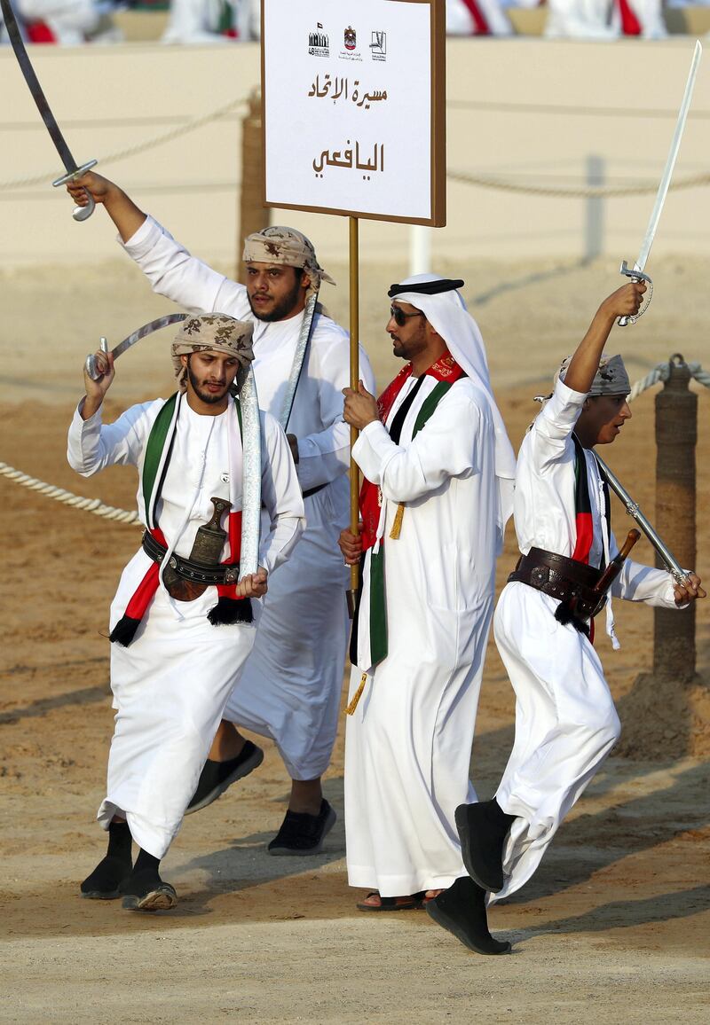 Abu Dhabi, United Arab Emirates - December 03, 2019: The Yafaie tribe march. More than 100 tribes take part in the March of the Union. Tuesday, December 3rd, 2019. Zayed Heritage Fest, Abu Dhabi. Chris Whiteoak / The National