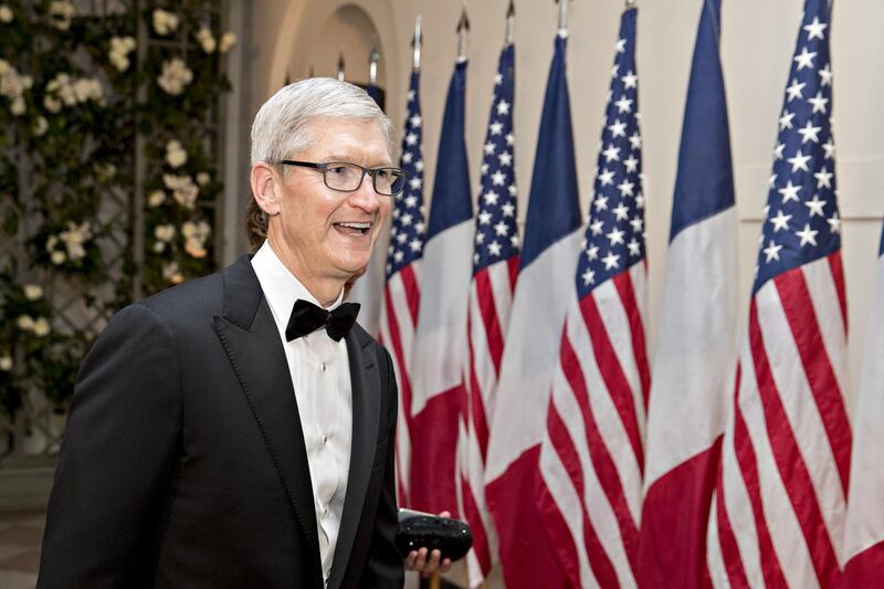 Tim Cook, chief executive officer of Apple Inc., arrives for a state dinner in honor of French President Emanuel Macron at the White House in Washington, D.C., U.S., on Tuesday, April 24, 2018. President Donald Trump is delivering Macron the most lavish welcome for a foreign leader of his presidency so far, including his first state dinner. Photographer: Andrew Harrer/Bloomberg