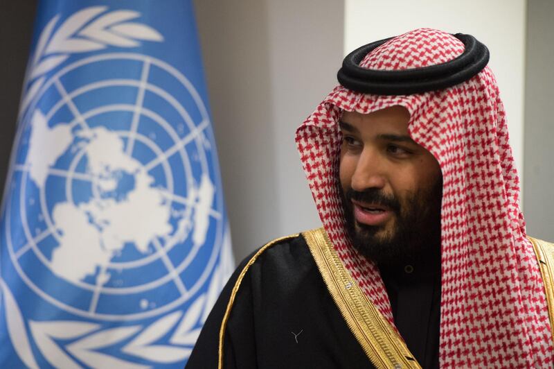 Prince Mohammed bin Salman Al Saud, Crown Prince, Kingdom of Saudi Arabia,  attends a meeting with the United Nations Secretary-General Antonio Guterres (out of frame) at the United Nations on March 27, 2018 in New York.  / AFP PHOTO / Bryan R. Smith