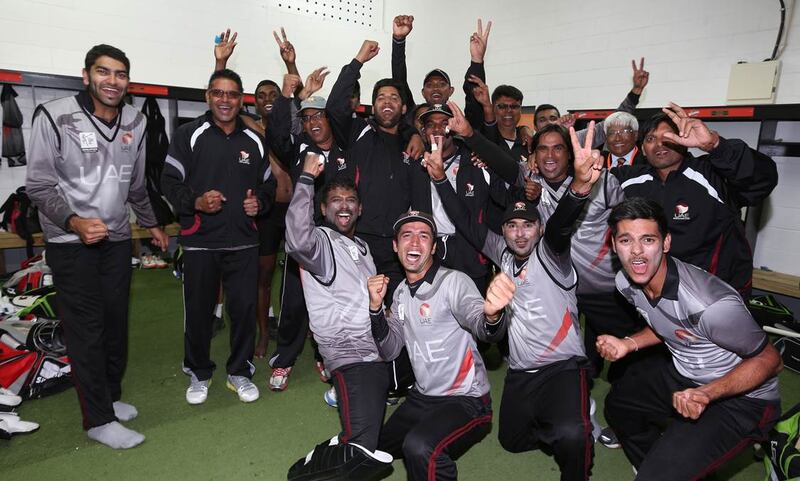 UAE cricket team celebrate after beating Namibia to qualify for the 2015 ICC world cup. Courtesy ICC