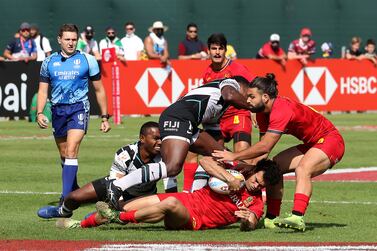 Referee Jaco De Wit during the match between Fiji (black & White) vs Spain (red) held at The Sevens stadium on the second day of the Emirates Dubai Rugby Sevens series in Dubai on 3rd December, 2021. Pawan Singh/The National. Story by Paul 