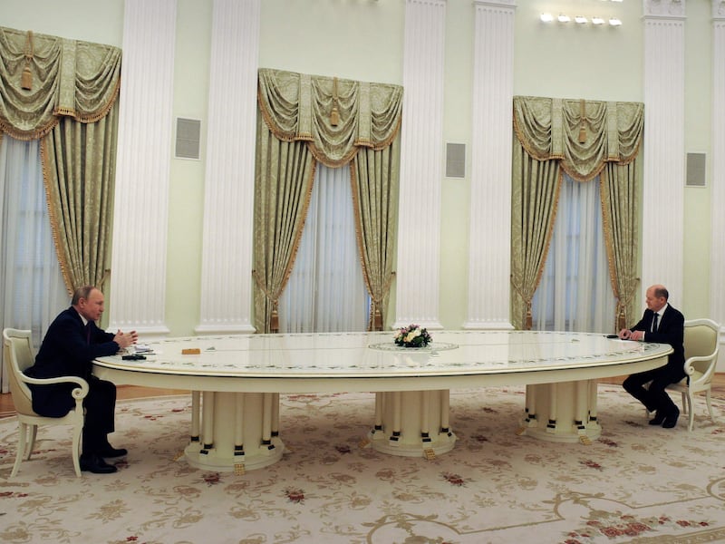 Russian President Vladimir Putin and Olaf Scholz hold a meeting over Ukraine security at the Kremlin, in Moscow, in February. AFP