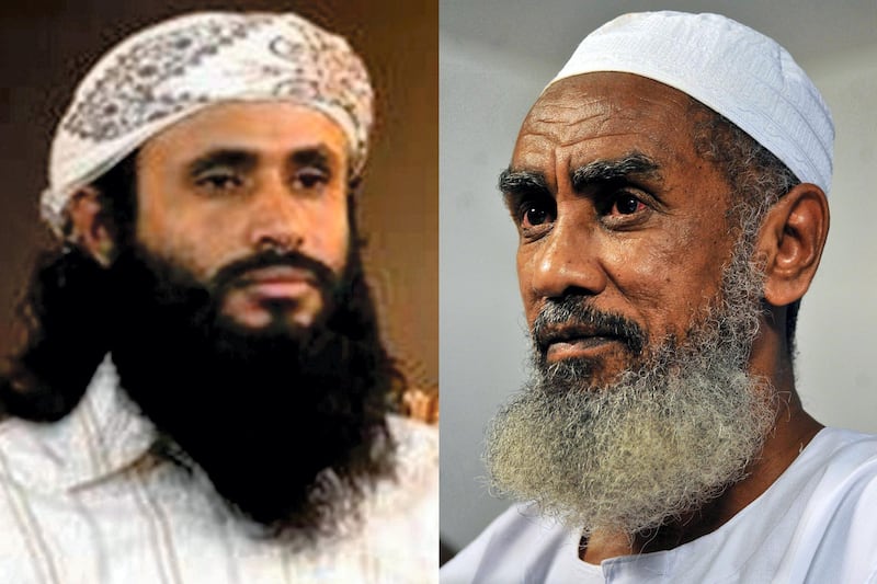A composite image of Saad bin Atef Al Awlaki, head of the Al Qaeda's operations in Yemen’s Shabwah province, on the left and Ibrahim Ahmed Al Qosi who assists Al Qaeda's overall leaders in Yemen on the right. US Rewards for Justice, HO