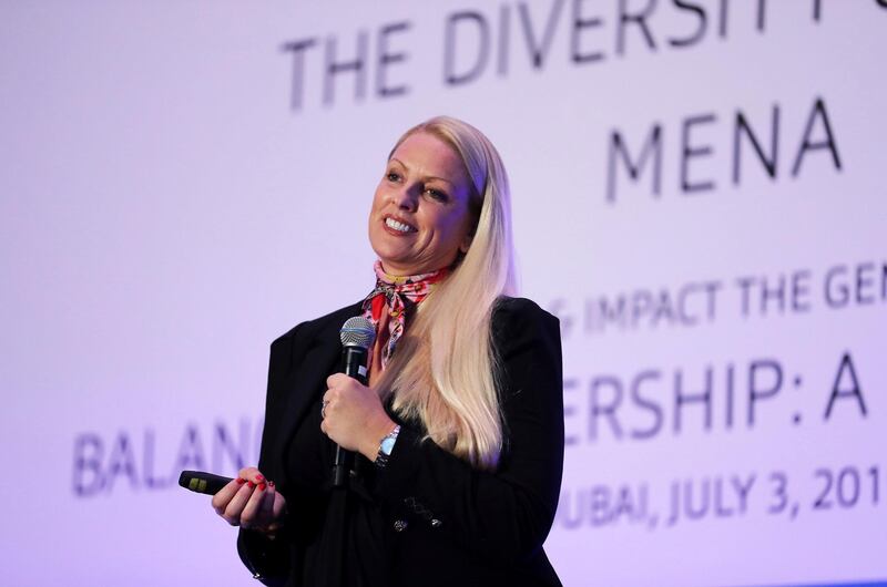 DUBAI ,  UNITED ARAB EMIRATES , JULY 3 – 2019 :- Tine Willumsen CEO of Above & Beyond  speaking during the Launch of the Diversity Council MENA held at Emerald Palace Kempinski on Palm Jumeirah in Dubai. ( Pawan Singh / The National ) For Business. Story by Nada