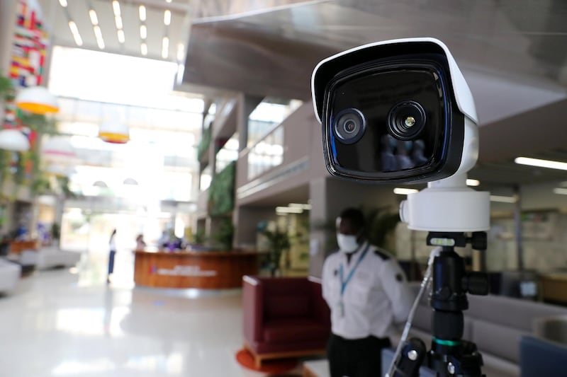 DUBAI, UNITED ARAB EMIRATES , August 10 – 2020 :- Thermal cameras installed at the entrance of the school at Dubai American Academy in Dubai. New Covid safety setup in different areas of the school such as hand sanitizer, safety message, social distancing stickers pasted on the floor. School will open on 30th August. (Pawan Singh / The National) For News/Online/Instagram. Story by Sarwat Nasir