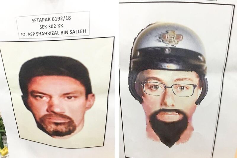 epa06686467 A handout photo made available by the Royal Malaysian Police shows forensic facial reconstruction printouts of suspects involved in the killing of Palestinian scientist Fadi Mohammad al-Batsh during a press conference in Kuala Lumpur, Malaysia, 23 April 2018. 'One of the two suspects on a high-powered motorcycle fired 10 shots, four of which hit the lecturer in the head and body. He died on the spot ', Kuala Lumpur police chief Mazlan Lazim said on 21 April.  EPA/ROYAL MALAYSIA POLICE HANDOUT  HANDOUT EDITORIAL USE ONLY/NO SALES