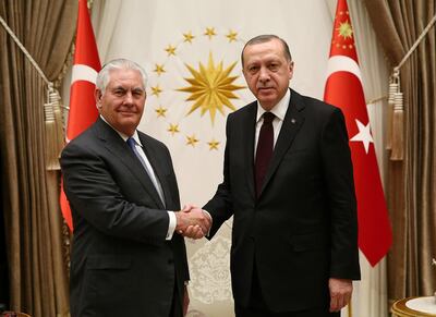 Turkish President Tayyip Erdogan meets U.S. Secretary of State Rex Tillerson in Ankara, Turkey February 15, 2018. Kayhan Ozer/Presidential Palace/Handout via REUTERS ATTENTION EDITORS - THIS IMAGE HAS BEEN SUPPLIED BY A THIRD PARTY. NO RESALES. NO ARCHIVES