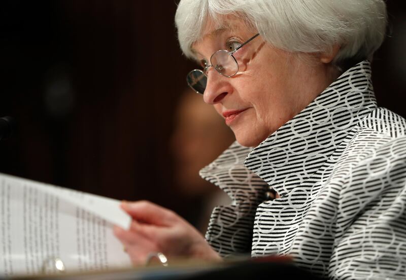 FILE - In this Thursday, July 13, 2017, file photo, Federal Reserve Chair Janet Yellen testifies on Capitol Hill in Washington, before the Senate Banking Committee. On Wednesday, Aug. 16, 2017, the Federal Reserve releases minutes from its  July meeting, when it kept interest rates steady. (AP Photo/Pablo Martinez Monsivais, File)