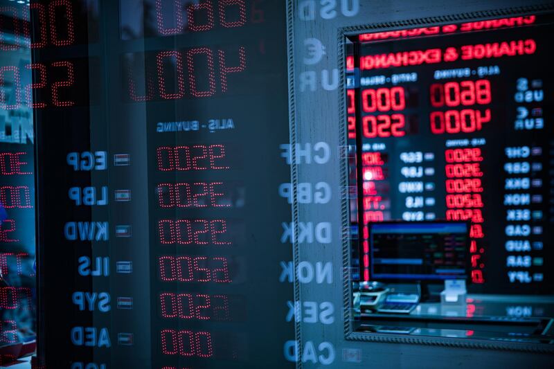 An electronic board displays prices at a foreign currency exchange bureau in the Beyoglu district of Istanbul, Turkey, on Thursday, May 14, 2020. The global demand shock that followed the coronavirus pandemic is exposing a key vulnerability for Turkey’s external finances, with stimulus at home worsening an imbalance between imports and exports while creating another pressure point for the lira. Photographer: Kerem Uzel/Bloomberg