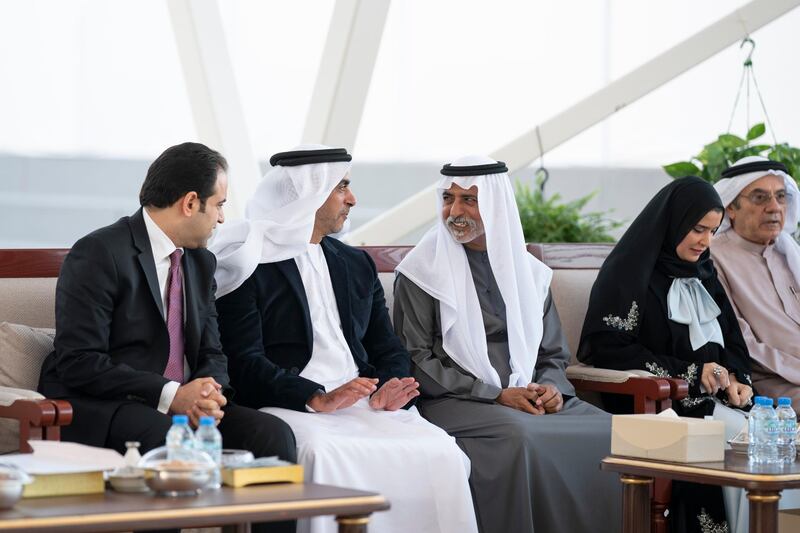 ABU DHABI, UNITED ARAB EMIRATES - January 06, 2020: HH Lt General Sheikh Saif bin Zayed Al Nahyan, UAE Deputy Prime Minister and Minister of Interior (2nd L), HH Sheikh Nahyan bin Mubarak Al Nahyan, UAE Minister of State for Tolerance (3rd L), HE Dr Amal Abdullah Al Qubaisi (4th L) and HE Zaki Anwar Nusseibeh, UAE Minister of State (R), attend a Sea Palace barza. 

( Rashed Al Mansoori / Ministry of Presidential Affairs )
---