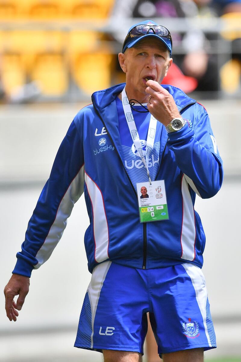 Head coach of Samoa Gordon Tietjens blows the whistle during day one of the IRB rugby Sevens at Westpac Stadium in Wellington on January 28, 2017. (Photo by Marty MELVILLE / AFP)