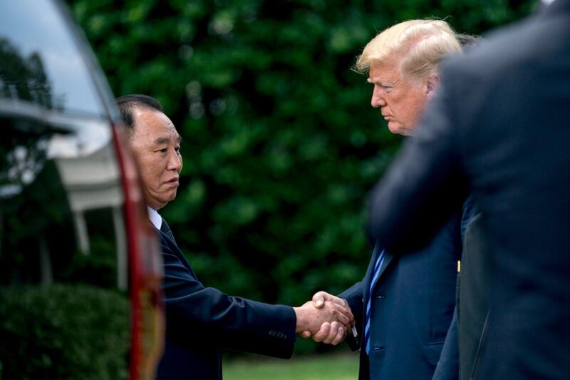 President Donald Trump shakes hands with Kim Yong Chol, former North Korean military intelligence chief and one of leader Kim Jong Un's closest aides, upon departure after their meeting in the Oval Office of the White House in Washington, Friday, June 1, 2018. (AP Photo/Andrew Harnik)