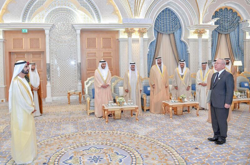 ABU DHABI, 3rd March, 2019 (WAM) -- Sheikh Mohammed bin Rashid Al Maktoum, Vice President, Prime Minister and Ruler of Dubai, today received the credentials of several foreign ambassadors to the UAE at the Presidential Palace in Abu Dhabi. H.H. Sheikh Abdullah bin Zayed Al Nahyan, Minister of Foreign Affairs and International Cooperation, was also present. His Highness received the credentials of diplomatic corps representing Egypt, New Zealand, Czech Republic, Japan, Dominica, Mauritania, Saudi Arabia, Uzbekistan, and Kazakhstan. Wam
