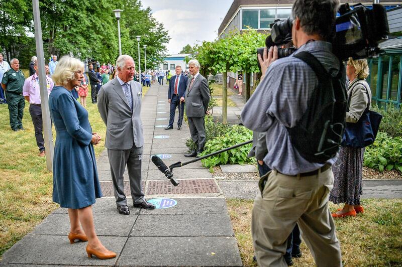 GLOUCESTER, ENGLAND - JUNE 16: Prince Charles, Prince of Wales and Camilla, Duchess of Cornwall conduct a socially distanced TV interview after meeting front line key workers who who have responded to the COVID-19 pandemic during a visit to Gloucestershire Royal Hospital on June 16, 2020 in Gloucester, England. (Photo by WPA Pool-Ben Birchall/Getty Images)