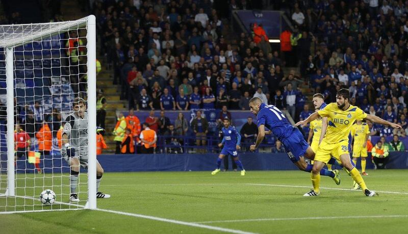 Leicester City’s Islam Slimani scores their first goal against FC Porto. Carl Recine / Reuters