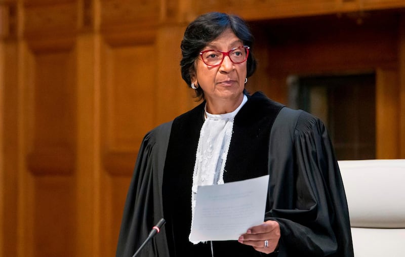 A handout photo released by the International Court of Justice shows International Court of Justice (ICJ) Judge Navanethem Pillay attending the public hearing in the case concerning the Application of the Convention on the Prevention and Punishment of the Crime of Genocide (The Gambia v. Myanmar) at the Peace Palace in The Hague. AFP